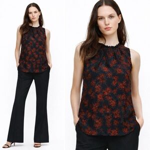 Thakoon Navy Red Floral Sleeveless Ruched Neck Blouse Top NWT Size Small